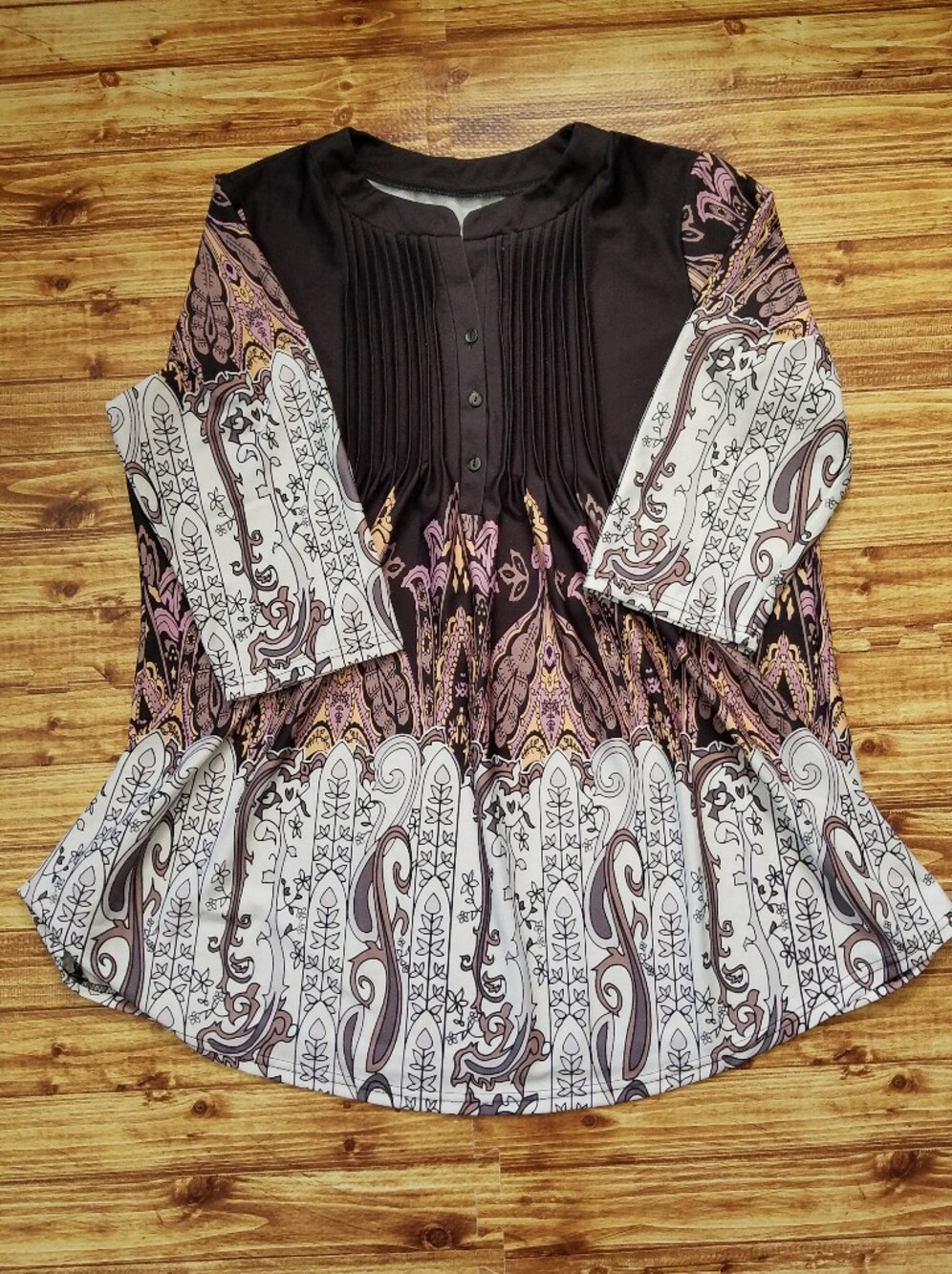 Simply Aster by Firmiana Paisley Tunic Top XXL Black Tan Boho Pintuck